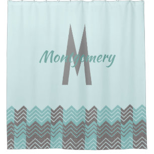 Aqua and Gray Chevron Monogrammed Shower Curtain