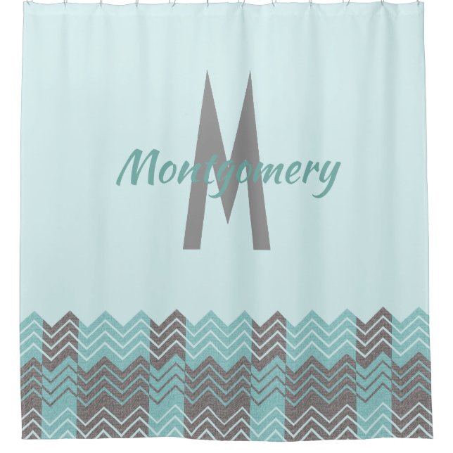 Aqua and Gray Chevron Monogrammed Shower Curtain (Front)