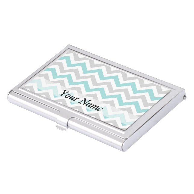 Aqua and gray chevron pattern business card holder (Front)