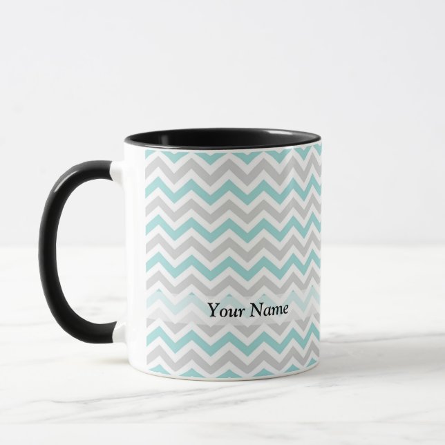 Aqua and gray chevron pattern mug (Left)