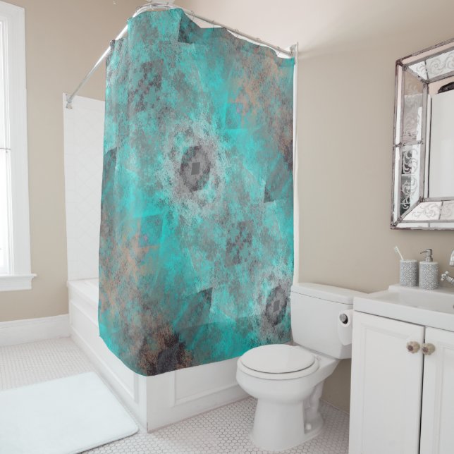 Aqua and Gray Diagonal Geometric Distressed Shower Curtain (In Situ)