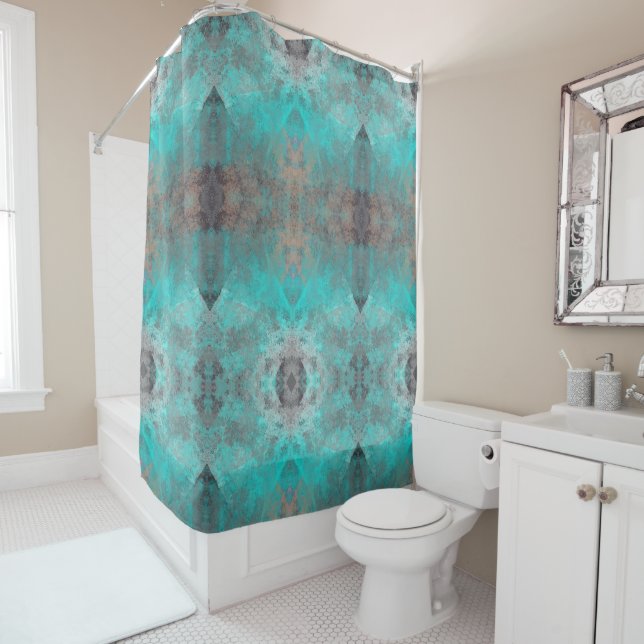 Aqua and Gray Geometric Paint Shower Curtain (In Situ)