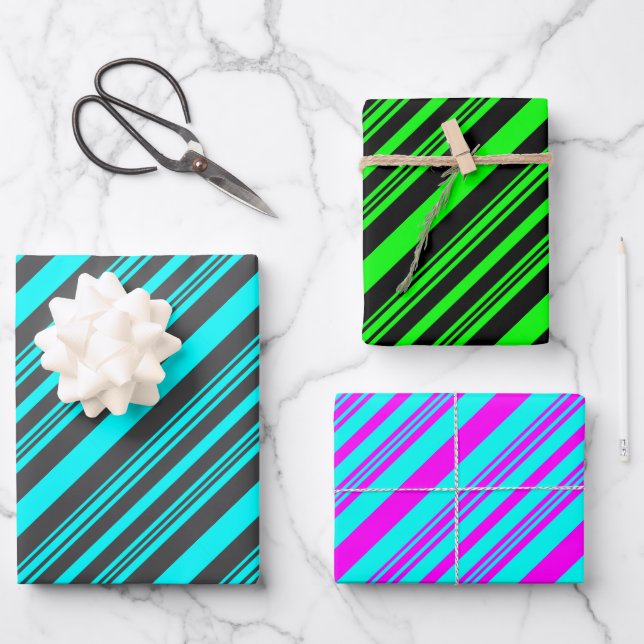 Aqua and Gray, Green and Black, Hot Pink and Blue Wrapping Paper Sheets (Front)
