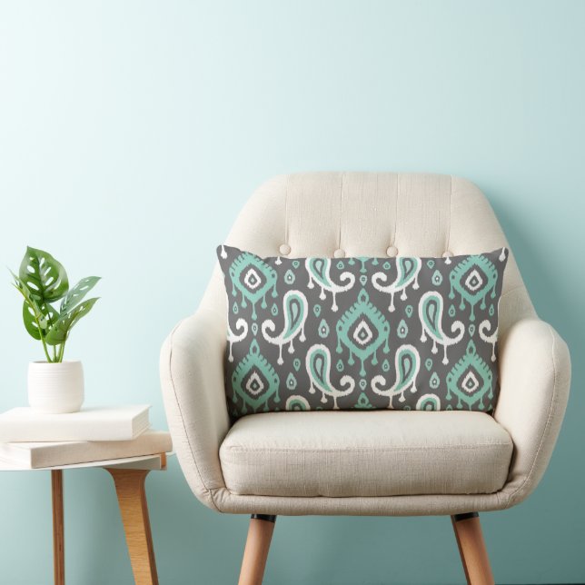Aqua and Gray Ikat Paisley Lumbar Pillow (Chair)