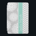 Aqua and Gray Monogram Chevron and Floral iPad Mini Cover<br><div class="desc">Cute girly mixed pattern design with preppy zigzag chevron stripes and modern chrysanthemum flowers. Contrasting rugby stripe ribbon with your personalized monogram name or initials. Click Customize It to change monogram font and color to create your own unique one of a kind design.</div>