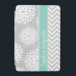 Aqua and Gray Monogram Chevron and Floral iPad Mini Cover<br><div class="desc">Cute girly mixed pattern design with preppy zigzag chevron stripes and modern chrysanthemum flowers. Contrasting rugby stripe ribbon with your personalized monogram name or initials. Click Customize It to change monogram font and color to create your own unique one of a kind design.</div>