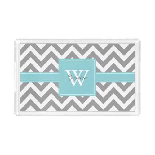 Aqua and Gray Monogrammed Chevrons Pattern Acrylic Tray