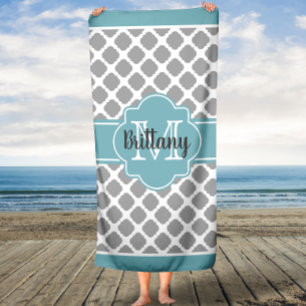 Aqua and Gray Quatrefoil Monogrammed Bath Towel