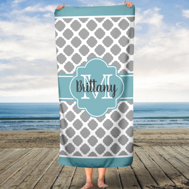 Aqua and Gray Quatrefoil Monogrammed Bath Towel (Creator Uploaded)