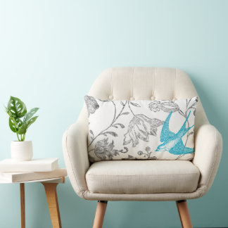 Aqua and Gray Vintage Modern Floral Bird Pattern Lumbar Pillow