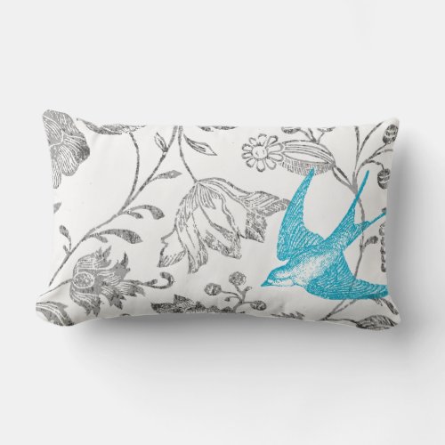 Aqua and Gray Vintage Modern Floral Bird Pattern Lumbar Pillow