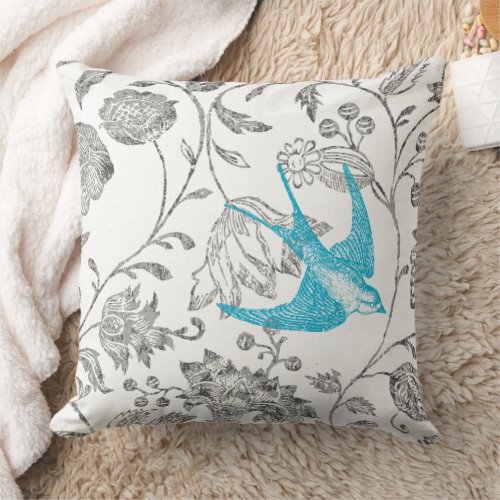 Aqua and Gray Vintage Modern Floral Bird Pattern Throw Pillow