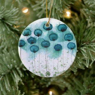 Aqua and Gray Watercolor Flowers Ceramic Ornament