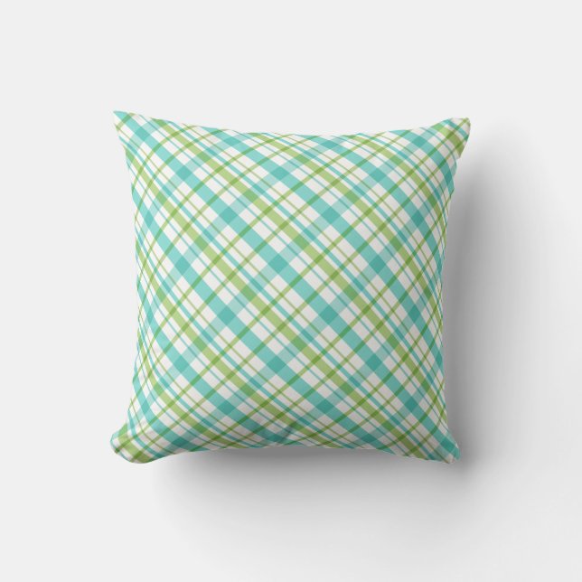 Aqua and Green Plaid Pattern Throw Pillow (Front)