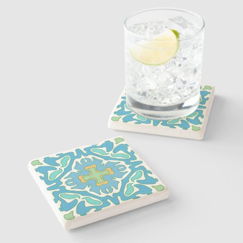 Aqua and Green Spanish Tile with Orange Accent Stone Coaster