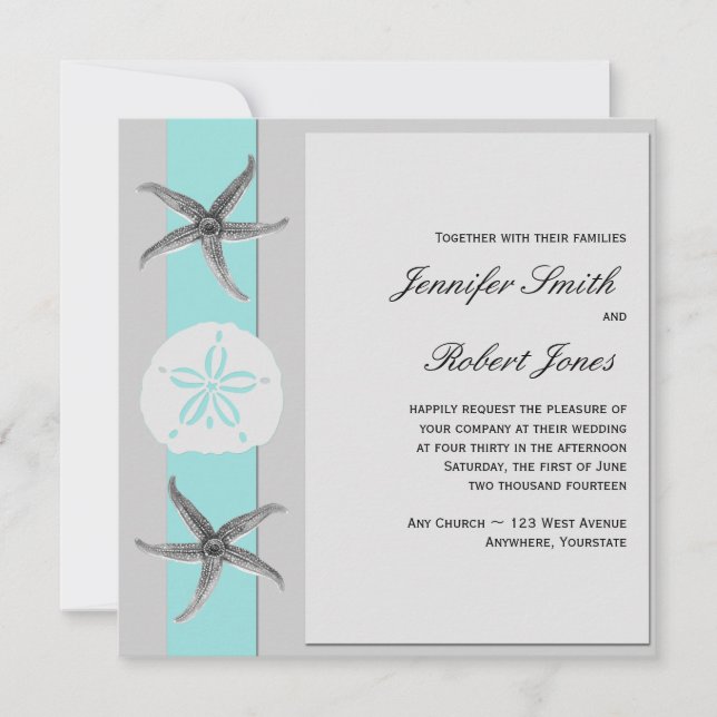 Aqua and Grey Band Starfish Wedding Invitation (Front)