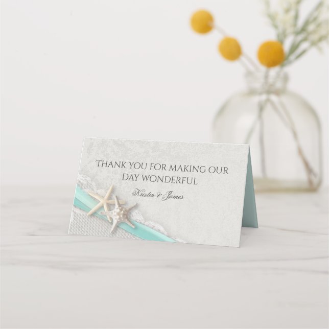 Aqua and Grey Beach Starfish and Ribbon Place Card (Front)