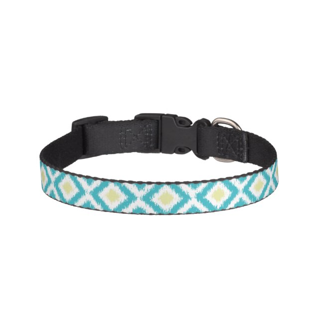Aqua and Lemon Ikat Diamonds Pattern Pet Collar (Front)