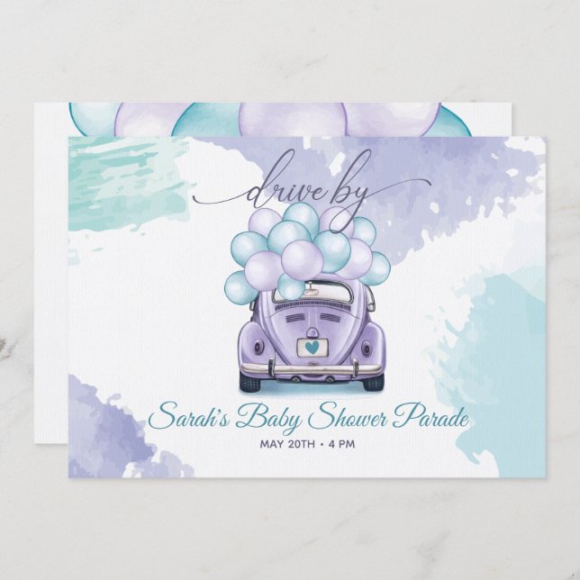 Aqua and Lilac Surprise DriveBy Baby Shower Invitation (Front/Back)