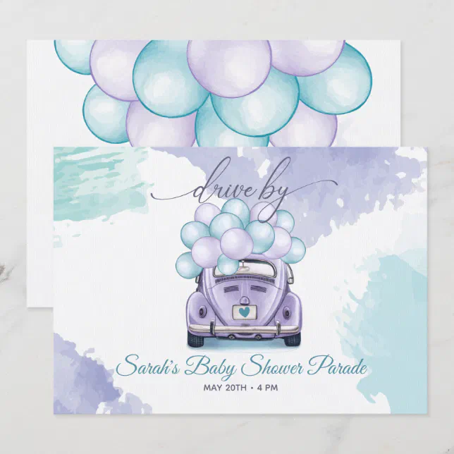 Aqua and Lilac Surprise DriveBy Baby Shower Invitation Zazzle
