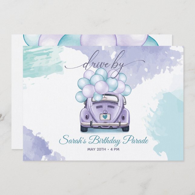 Aqua and Lilac Surprise DriveBy Birthday Invitation (Front/Back)