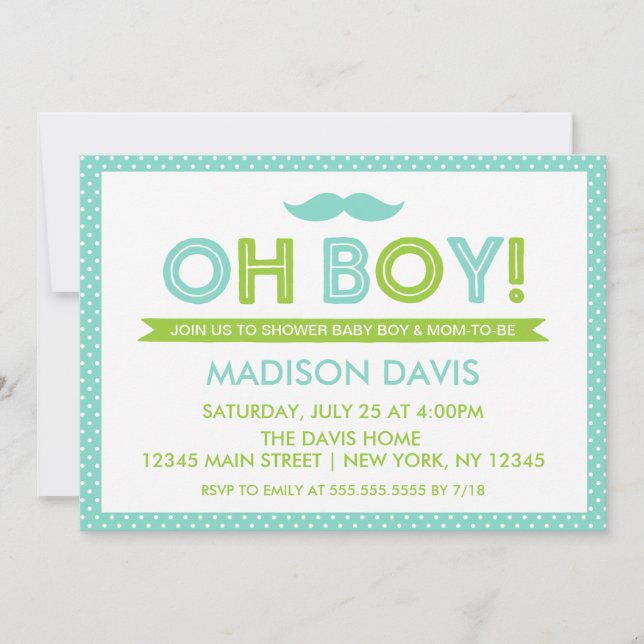 Aqua and Lime Green Polka Dot Oh Boy Baby Shower Invitation (Front)