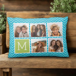Aqua and Lime Instagram 5 Photo Collage Monogram Decorative Pillow<br><div class="desc">Green and Blue Chevron Pattern - Use five square photos to create a unique and personal gift. Or you can keep the hipster puppy and make a trendy keepsake. If you need to adjust the pictures,  click on the customize tool to make changes.</div>