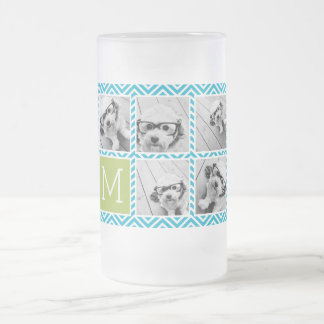 Aqua and Lime Instagram 5 Photo Collage Monogram Frosted Glass Beer Mug