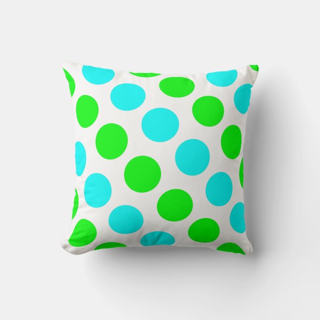 Aqua and Lime Polka Dots White Throw Pillow (Front)