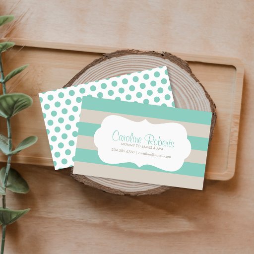 Customizable Aqua and Linen Modern Stripes and Dots Business Card Template