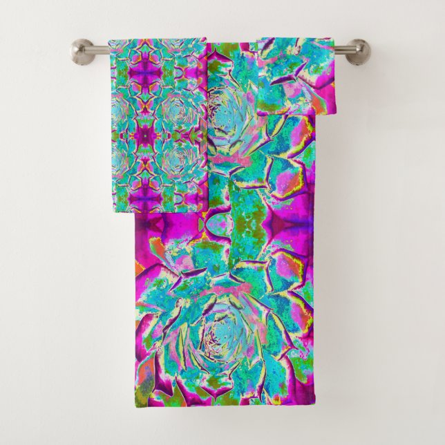 Aqua and Magenta Succulent Sedum Rosette Bath Towel Set (Insitu)