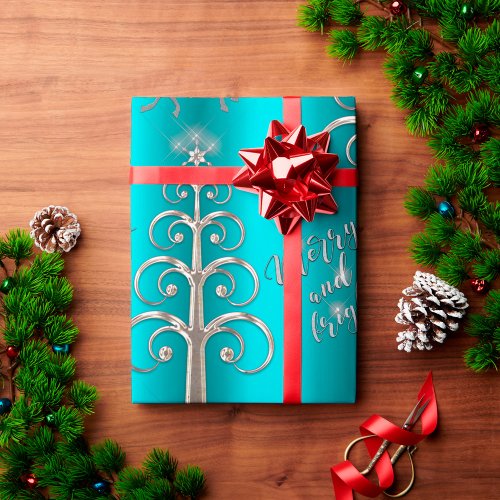 Aqua and Metallic Silver Christmas Wrapping Paper