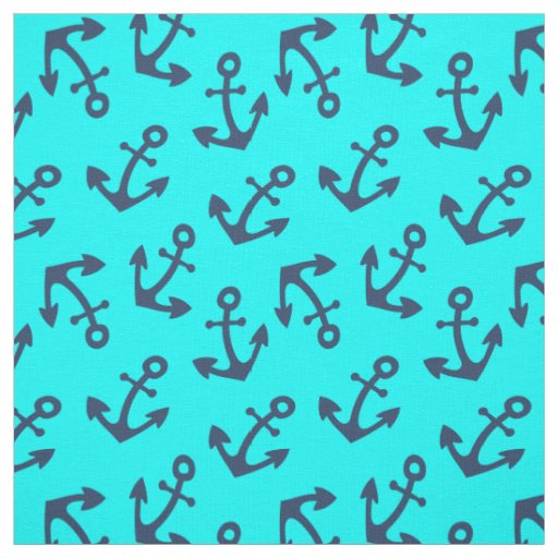 Aqua and Navy Blue Anchor Fabric By the Yard