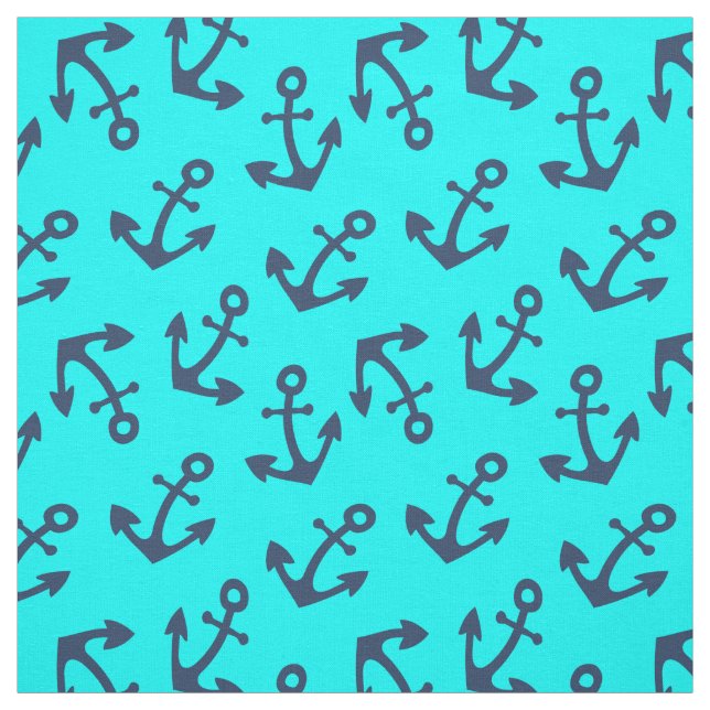 Aqua and Navy Blue Anchor Fabric By the Yard (Swatch)