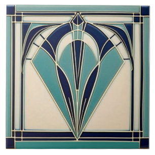 Aqua and Navy Blue Art Deco Ceramic Tile