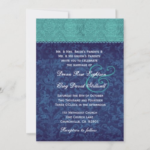 Aqua and Navy Blue Damask Two Tone Wedding V326 V2 Invitation