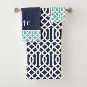 Aqua and Navy Blue Trellis Monogrammed Bath Towel Set