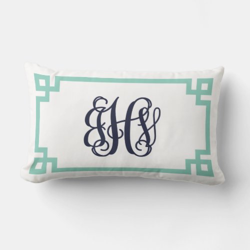 Aqua and Navy Greek Key Script Monogram Lumbar Pillow