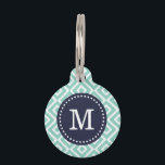 Aqua and Navy Ikat Diamonds Monogram Pet ID Tag<br><div class="desc">Cute girly preppy zigzag ikat diamond pattern personalized with your pet's monogram name or initial in a chic dotted frame. Back features coordinating colors and space to add your pet's name and emergency contact info. Click Customize It to change fonts and colors or add your own photos and text for...</div>