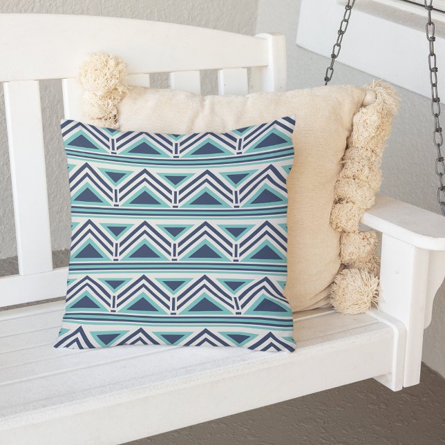 Aqua and Navy Modern Aztec Pattern Outdoor Pillow (Creator Uploaded)