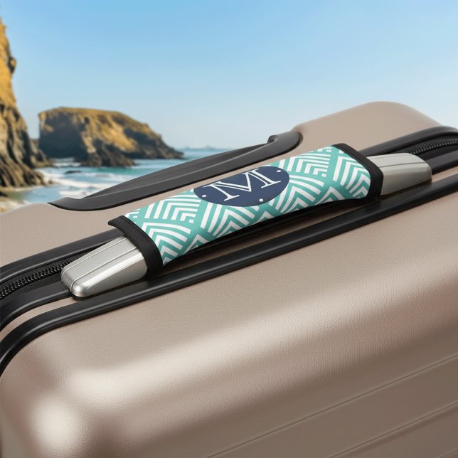 Aqua and Navy Preppy Diamond Chevron Monogram Luggage Handle Wrap (Creator Uploaded)