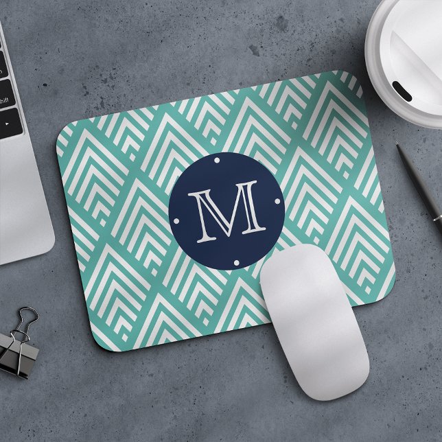 Aqua and Navy Preppy Diamond Chevron Monogram Mouse Pad (Creator Uploaded)