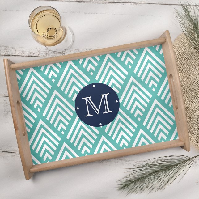 Aqua and Navy Preppy Diamond Chevron Monogram Serving Tray (Creator Uploaded)
