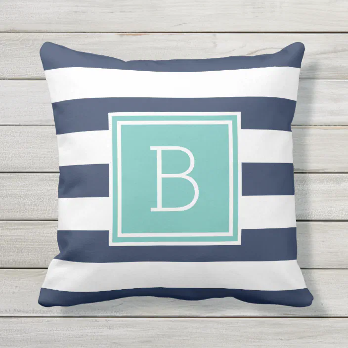 Aqua And Navy Stripe Monogram Outdoor Throw Pillow Zazzle Com