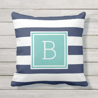 Aqua and Navy Stripe Monogram Outdoor Throw Pillow