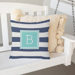 Aqua and Navy Stripe Monogram Outdoor Throw Pillow<br><div class="desc">Add bold, modern style to your patio, deck or pool with our monogrammed outdoor throw pillow in classic nautical navy blue and white with a pop of aqua. Design features wide navy and white horizontal stripes on both sides, with your single initial monogram on the front in vibrant, summery turquoise...</div>