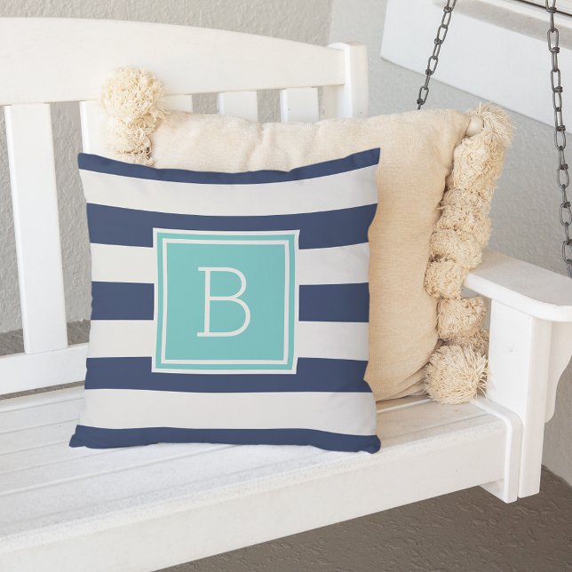 Aqua and Navy Stripe Monogram Outdoor Throw Pillow (Creator Uploaded)