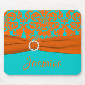 Aqua and Orange Damask Mousepad