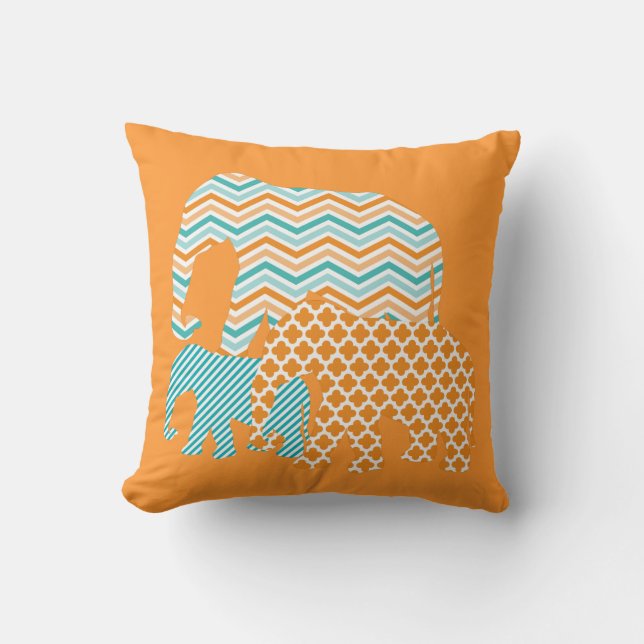 Aqua and Orange Elephants Throw Pillow (Front)