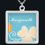 Aqua and Orange Floral Silver Plated Necklace<br><div class="desc">Customizable necklace</div>